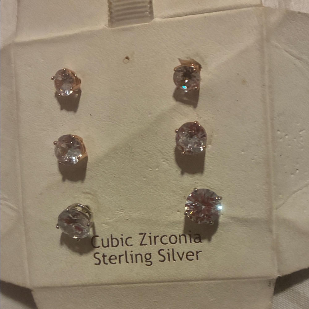 Sterling Silver Cubic Zirconia Stud Earrings - Clear (Set of 3 Pairs)